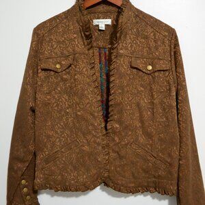 Coldwater Creek Floral Jacket M Brown Ruffle Detail Cottagecore Fall Coquette